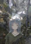  1girl absurdres bag benikusochan black_bag expressionless grey_hair highres indoors jewelry leaf long_hair looking_at_viewer muted_color necklace original plant shirt shoulder_bag solo striped striped_shirt upper_body 
