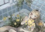  1girl absurdres bathtub benikusochan blonde_hair dress expressionless feet_out_of_frame flower grey_eyes hand_up highres leaf long_hair looking_at_viewer muted_color original plant solo tile_wall tiles white_dress window yellow_flower 