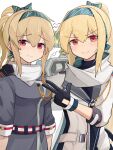  &gt;:) 2girls absurdres black_gloves blonde_hair blue_bow blue_hairband bow closed_mouth commentary dual_persona gamryous girls_frontline gloves grey_jacket hair_between_eyes hair_bow hairband hand_on_another&#039;s_shoulder highres jacket long_hair multiple_girls ponytail red_eyes scarf short_sleeves simple_background smile sv-98_(girls&#039;_frontline) sv-98_(mod3)_(girls&#039;_frontline) v-shaped_eyebrows very_long_hair white_background white_jacket white_scarf 