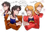  3boys andou_mamoru angry black_eyes black_hair black_shirt blonde_hair blue_shirt bomber_jacket brown_jacket clenched_teeth closed_mouth commentary_request crossed_arms frown glasses grin inudori itou_kaiji jacket kaiji kitami_(kaiji) looking_at_another male_focus medium_bangs multiple_boys pointy_nose red_jacket shirt simple_background smile teeth translation_request undershirt upper_body v-shaped_eyebrows white_background 