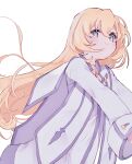  1girl absurdres blonde_hair blue_eyes closed_mouth colette_brunel crossed_bangs hair_between_eyes highres jewelry light_blush long_hair long_sleeves looking_at_viewer nancykittyu neck_ring necklace robe smile solo tales_of_(series) tales_of_symphonia upper_body white_background white_robe 