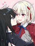  black_hair black_sleeves blonde_hair closed_mouth hair_ribbon hand_on_another&#039;s_back headpat heart highres hug inoue_takina long_hair looking_at_another lycoris_recoil lycoris_uniform nishikigi_chisato open_mouth pink_background red_eyes red_ribbon red_sleeves ribbon short_hair simple_background upper_body yasaka_shuu yuri 