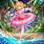  bikini blonde_hair commentary commentary_request crystal_wings flandre_scarlet frilled_bikini frills glasses heart heart-shaped_eyewear innertube medium_hair official_art pink_bikini ribbon shinishi_chiho swimsuit touhou touhou_arcadia_record twintails water wings wristband 