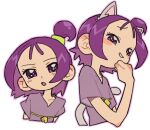  1girl animal_ears blush cat_ears cat_tail commentary_request cropped_torso dayama hand_on_own_chin hand_up kemonomimi_mode looking_at_viewer multiple_views ojamajo_doremi one_side_up open_mouth purple_hair purple_shirt segawa_onpu shirt short_hair short_sleeves simple_background smile smug tail upper_body violet_eyes white_background 