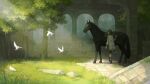  1boy agro_(shadow_of_the_colossus) bird driftwoodwolf grass horse male_focus poncho reins rock saddle shadow_of_the_colossus sunlight surcoat tree wander_(shadow_of_the_colossus) white_dove 