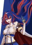  1girl absurdres alear_(female)_(fire_emblem) alear_(fire_emblem) armor blue_eyes blue_hair bow braid breasts crossed_bangs crown_braid emblem_ring fire_emblem fire_emblem_engage gloves hair_floating_upwards heterochromia highres jewelry long_hair looking_at_viewer multicolored_hair red_eyes redhead rwq6868 smile solo split-color_hair tiara two-tone_hair very_long_hair 