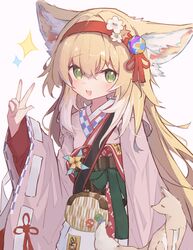  1girl animal_ears arknights blonde_hair blush chinese_knot fangs flower fox fox_ears green_eyes hairband highres japanese_clothes kimono lily_of_the_valley long_sleeves multicolored_hair nalphanne pink_kimono red_hairband smile suzuran_(arknights) v white_hair 