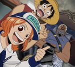 1girl 2boys :d axe_hand_morgan bare_shoulders black_eyes black_hair blonde_hair blue_headwear closed_mouth dark-skinned_male dark_skin hat highres long_sleeves monkey_d._luffy multiple_boys nami_(one_piece) one_piece one_piece_(live_action) open_mouth pointing pointing_at_another shirt short_hair smile sony_(gaysony) straw_hat teeth weapon white_headwear