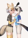  2girls animal_ears beleven bike_shorts bird_girl bird_tail bird_wings blonde_hair blue_shirt cheek-to-cheek cowboy_shot coyote_(kemono_friends) elbow_gloves extra_ears gloves greater_roadrunner_(kemono_friends) green_eyes grey_hair grey_jacket grey_shorts grey_skirt hair_between_eyes head_wings heads_together highres holding_hands jacket kemono_friends kemono_friends_3 midriff multicolored_hair multiple_girls navel one_eye_closed open_clothes open_jacket pleated_skirt shirt short_hair short_sleeves shorts sidelocks skirt t-shirt tail thigh-highs two-tone_shirt white_hair wings wolf_ears wolf_girl wolf_tail yellow_eyes yellow_gloves yellow_thighhighs zettai_ryouiki 