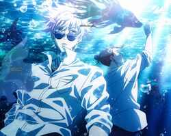  2boys animal arm_up black_hair blue_eyes bubble collared_shirt cowboy_shot ear_piercing fish getou_suguru gojou_satoru hair_bun hair_pulled_back highres jujutsu_kaisen kurimilove male_focus multiple_boys parted_lips piercing profile round_eyewear shirt short_hair sleeves_rolled_up standing sunglasses twitter_username underwater white_hair white_shirt 