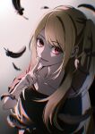  +_+ 1girl black_feathers black_shirt blonde_hair blurry blurry_background blurry_foreground collarbone commentary depth_of_field evil_smile feathers finger_to_mouth from_side gradient_background hand_up highres hoshino_ruby long_hair looking_at_viewer oshi_no_ko parted_lips red_eyes rine_natsu shirt short_sleeves shushing side_ponytail sidelocks smile solo star-shaped_pupils star_(symbol) symbol-only_commentary symbol-shaped_pupils symbol_in_eye t-shirt upper_body 