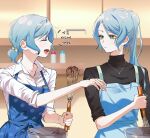  absurdres apron aqua_hair bang_dream! black_sweater blue_apron blurry blurry_background blush bowl character_name closed_eyes closed_mouth collared_shirt commentary cooking cowboy_shot dress_shirt food_on_hand green_eyes hair_between_eyes highres hikawa_hina hikawa_sayo holding holding_whisk indoors jewelry korean_text long_hair long_sleeves looking_at_another medium_hair necklace open_mouth ponytail shirt siblings sidelocks sisters sleeves_rolled_up smile sweater translation_request turtleneck turtleneck_sweater twins whisk white_shirt zihacheol 