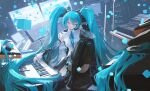  1girl aqua_hair black_thighhighs closed_eyes closed_mouth collared_shirt commentary cube detached_sleeves hatsune_miku hatsune_miku_(nt) headphones highres instrument keyboard_(instrument) knees_up long_hair on_chair piapro sheet_music shirt sitting solo thigh-highs ttk_(kirinottk) twintails very_long_hair vocaloid white_shirt wide_sleeves 