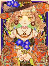  1girl akari_botan black_headwear blue_flower brown_hair earrings flower green_eyes hat holding holding_flower jewelry leaf long_hair looking_at_viewer original shadow solo upper_body witch_hat 