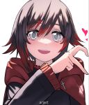  1girl ar_jart artist_name black_hair cape commentary gradient_hair grey_eyes heart heart_hands multicolored_hair open_mouth red_cape redhead ruby_rose rwby short_hair symbol-only_commentary white_background 