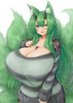  bandaid bandaid_on_nose breasts cleavage curvy fang fox_ears fox_tail green_hair heterochromia horns huge_breasts kitsune multiple_tails open_mouth original phantasy_star phantasy_star_online_2 solo striped sweater tattoo tsutsune_(pyobbo) very_long_hair 