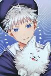  1boy aged_down animal_hug blue_background blue_eyes closed_mouth dog fushirun_rung gojou_satoru hat highres jujutsu_kaisen korean_commentary long_sleeves looking_at_viewer male_focus sailor sailor_collar sailor_hat short_hair smile white_hair 