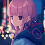  1girl blue_eyes blue_jacket blunt_bangs blurry blurry_background bokeh braid city city_lights closed_mouth commentary_request depth_of_field expressionless from_side highres hood hood_down hooded_jacket jacket kaf_(kamitsubaki_studio) kamitsubaki_studio long_hair looking_at_viewer looking_to_the_side low_twin_braids multicolored_eyes night open_clothes open_jacket outdoors pink_hair portrait red_eyes sidelighting solo squallea twin_braids virtual_youtuber yellow_pupils 