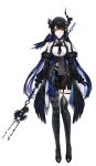  1girl animal_on_shoulder bare_shoulders bird bird_on_shoulder black_gloves black_hair black_leggings black_thighhighs blue_hair crow gloves hair_ornament highres holding holding_polearm holding_weapon hololive hololive_english horns kim_eb leggings mole mole_under_eye multicolored_hair nerissa_ravencroft official_art polearm red_eyes single_thighhigh solo thigh-highs virtual_youtuber weapon 