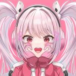  1girl absurdres alice_(nikke) animal_ear_headphones animal_ears bodysuit fake_animal_ears gloves goddess_of_victory:_nikke headphones heart highres jacket kabo10ten long_hair looking_at_viewer pink_eyes pink_gloves pink_hair pink_jacket puffy_sleeves sidelocks sleeves_past_wrists smile solo teeth twintails two-tone_gloves white_gloves 