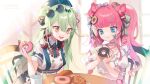  2girls :3 amatsuka_miho animal_ears blue_eyes closed_mouth cup doughnut dress food green_hair hair_between_eyes hamster_ears hamster_girl headphones headphones_around_neck highres indie_virtual_youtuber matsui_muga mihovt mug multiple_girls on_chair open_mouth pink_hair sitting smile sunglasses table twintails virtual_youtuber yellow_eyes 