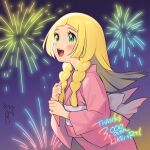  1girl :d alternate_costume blonde_hair braid eyelashes fireworks green_eyes japanese_clothes kimono kinocopro lillie_(pokemon) long_hair looking_up milestone_celebration night open_mouth outdoors pink_kimono pokemon pokemon_(game) pokemon_sm sash sky smile solo teeth thank_you tongue twin_braids upper_teeth_only 