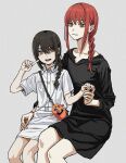  2girls bare_legs black_dress black_hair braid braided_ponytail chainsaw_man collarbone collared_shirt dress feet_out_of_frame finger_to_cheek grey_hair hair_over_shoulder highres holding_hands invisible_chair light_smile looking_at_viewer makima_(chainsaw_man) multiple_girls nayuta_(chainsaw_man) orange_hair pochita_(chainsaw_man) ringed_eyes shiren_(ourboy83) shirt short_sleeves sidelocks simple_background sitting skirt smile white_shirt white_skirt 