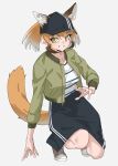  1girl animal_ears baseball_cap blue_headwear blue_skirt blush brown_footwear brown_hair cat_ears cat_girl cat_tail ears_through_headwear extra_ears green_eyes green_jacket hat highres jacket kemono_friends kemono_friends_3 long_sleeves multicolored_hair official_alternate_costume open_clothes open_jacket orange_hair puffy_sleeves puma_(kemono_friends) shirt shoes short_hair skirt smile sneakers solo squatting striped striped_shirt tail tanabe_(fueisei) white_shirt 