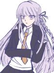  1girl black_gloves black_jacket black_ribbon black_skirt braid collared_shirt cowboy_shot danganronpa:_trigger_happy_havoc danganronpa_(series) gloves hair_ribbon hand_up jacket kirigiri_kyoko long_sleeves necktie open_clothes open_jacket orange_necktie otake0san pink_eyes pleated_skirt ribbon shirt simple_background single_braid skirt solo white_background white_shirt 