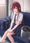  1girl 1other bag bare_legs blush bracelet coffee_mug commentary_request couch cup feet_out_of_frame grey_skirt highres idolmaster idolmaster_shiny_colors indoors jewelry knees_together_feet_apart long_hair looking_at_viewer mikazuchi_zeus mug on_couch open_mouth osaki_amana plaid plaid_skirt pleated_skirt redhead revision school_bag school_uniform shirt short_sleeves sitting skirt smile solo_focus straight_hair very_long_hair white_shirt yellow_eyes 