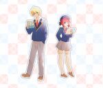  1boy 1girl ahoge akirarec arima_kana arm_behind_back beret black_bow blonde_hair blue_headwear blue_jacket bob_cut book bow bowtie brown_hair checkered_background closed_mouth collared_shirt commentary_request full_body grey_pants grey_skirt hair_between_eyes hand_in_pocket hat hat_bow highres holding holding_book hoshino_aquamarine inverted_bob jacket long_sleeves looking_at_another medium_hair mismatched_pupils necktie no_pupils one_eye_closed oshi_no_ko outline pants pink_bow pink_bowtie pout red_necktie redhead school_uniform shirt short_hair skirt star-shaped_pupils star_(symbol) symbol-shaped_pupils thigh-highs white_outline white_shirt white_thighhighs youtou_high_school_uniform zettai_ryouiki 