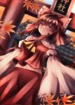 1girl :o ascot bare_shoulders blunt_bangs bow breasts brown_hair cowboy_shot detached_sleeves dutch_angle eyebrows_hidden_by_hair frilled_bow frilled_hair_tubes frills groin hair_between_eyes hair_bow hair_tubes hakurei_reimu highres long_hair long_sleeves looking_at_viewer medium_breasts midriff navel parted_lips red_bow red_skirt red_vest shiranui_(wasuresateraito) sidelocks skirt skirt_set solo touhou vest violet_eyes yellow_ascot 