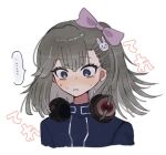  ... 1girl animal_hair_ornament asymmetrical_hair blue_eyes blush bow eyelashes frown grey_hair hair_between_eyes hair_bow hair_ornament headphones headphones_around_neck master_detective_archives:_rain_code medium_hair mikomi_(90m5x) multiple_piercings nose_blush pucci_lavmin purple_bow rabbit_hair_ornament simple_background solo spoken_ellipsis sweat upper_body wavy_eyes white_background 