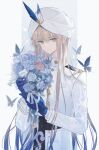  1boy aqua_eyes blue_butterfly blue_flower blue_gloves blue_hair blue_rose bouquet bug butterfly closed_mouth fate/grand_order fate/grand_order_arcade fate_(series) flower gloves gradient_hair hair_between_eyes highres holding holding_bouquet light_brown_hair long_hair long_sleeves looking_at_viewer male_focus multicolored_hair nemo_(fate) rose sherry_0014 simple_background solo turban uniform very_long_hair 