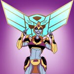  1girl autobot black_lips blue_skin breasts closed_eyes colored_skin elita_one highres humanoid_robot knighttimeart medium_breasts panties robot science_fiction smile solo transformers transformers_animated underwear v yellow_panties 