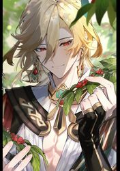  1boy berry blonde_hair closed_eyes closed_mouth day earrings feather_hair_ornament feathers genshin_impact hair_between_eyes hair_ornament highres holding jewelry kaveh_(genshin_impact) leaf male_focus outdoors pectoral_cleavage pectorals pillarboxed red_eyes solo sonomi twitter_username upper_body 