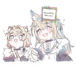  2girls :3 ? animal_ears black_collar black_jacket blonde_hair blue_hair blue_headband blush chain collar da_vinky_(meme) frills fur-trimmed_jacket fur_trim fuwawa_abyssgard gem hair_between_eyes hair_intakes hair_ornament hairclip headband highres hololive hololive_english hyde_(tabakko) jacket meme mococo_abyssgard multicolored_hair multiple_girls open_mouth pink_eyes pink_hair pink_headband shirt siblings streaked_hair twins white_background white_shirt 