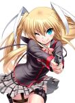  &gt;:) 1girl aqua_eyes black_jacket blonde_hair bow c: closed_mouth commentary_request cowboy_shot eyelashes floating_clothes floating_hair grey_skirt gun hair_ribbon handgun holding holding_gun holding_weapon holster jacket light_blush little_busters! long_hair long_sleeves looking_at_viewer miniskirt one_eye_closed own_hands_together pink_bow plaid plaid_skirt pleated_skirt pointing pointing_at_viewer ribbon simple_background skirt smile solo standing straight-on thigh_holster tokido_saya two_side_up v-shaped_eyebrows very_long_hair weapon white_background white_ribbon zen_(kamuro) 