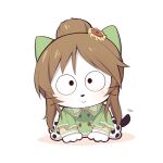  1girl :d animal_ears animal_hands blush brown_hair cat_ears cat_girl cat_tail closed_mouth full_body gloves googly_eyes green_shirt hair_bun idolmaster idolmaster_cinderella_girls long_sleeves looking_at_viewer paw_gloves paw_shoes shadow shirt sidelocks simple_background smile solo tail takamori_aiko tama_&amp;_friends uccow white_background white_footwear white_gloves 
