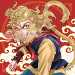  1boy absurdres blonde_hair chinese_border chinese_clothes circlet clenched_hand facial_hair fangs flying_nimbus heavy_breathing highres journey_to_the_west long_hair long_sleeves meguzm red_background red_eyes sideburns smirk solo sun_wukong tail teeth 