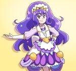  1girl alternate_color alternate_costume arm_behind_back back_bow blunt_bangs bow bridal_gauntlets brooch choker cowboy_shot cure_finale delicious_party_precure dress eggtempest jewelry kasai_amane looking_at_viewer magical_girl precure purple_hair sidelocks simple_background smile solo tiara violet_eyes wide_ponytail yellow_background 