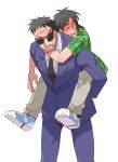  2boys anger_vein angry arm_around_neck black_hair black_necktie blue_footwear brown_pants carrying clenched_teeth closed_eyes commentary_request endou_yuuji feet_out_of_frame full_body green_shirt grey_jacket grey_pants inudori itou_kaiji jacket kaiji long_hair male_focus medium_bangs multiple_boys necktie open_mouth pants piggyback plaid plaid_shirt shirt shoes short_bangs short_hair short_sleeves simple_background smile sneakers suit sunglasses teeth v-shaped_eyebrows white_background 