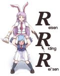  2girls animal_ears full_body gun highres holding holding_gun holding_weapon kanae_(kin_moku_sei) lunatic_gun multiple_girls rabbit_ears reisen_(touhou_bougetsushou) reisen_udongein_inaba simple_background standing touhou trembling weapon white_background 