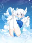  1girl absurdres bird_wings blue_dress blue_eyes blue_footwear blue_sky bow bowtie clouds dress english_commentary flying highres kneehighs looking_at_viewer nelly_(altsarespicy) open_mouth ribbon shoes short_hair skirt sky socks solo twitter white_hair wings yoshizaki_mine_(style) 