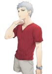  1boy cropped_legs grey_eyes grey_hair isa_(peien516) male_focus parted_lips persona persona_3 red_shirt sanada_akihiko shirt short_sleeves shorts simple_background solo sweat v-neck watch watch white_background 