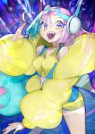  1girl bare_shoulders blue_hair bow-shaped_hair cosplay elesa_(pokemon) elesa_(pokemon)_(cosplay) hair_between_eyes headphones highres iono_(pokemon) jacket long_hair long_sleeves looking_at_viewer multicolored_hair open_mouth pink_hair pokemon pokemon_(game) pokemon_bw2 pokemon_sv rindoriko sharp_teeth solo star-shaped_pupils star_(symbol) symbol-shaped_pupils teeth two-tone_hair upper_teeth_only very_long_hair yellow_jacket 