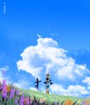  artist_name bird blue_sky clouds cloudy_sky day english_commentary field flower no_humans original outdoors reinforced scarecrow scenery sky 