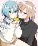 2girls aqua_hair bare_legs black_sweater breasts brown_skirt character_request closed_mouth copyright_request food fruit furrowed_brow green_eyes hair_between_eyes hand_on_another&#039;s_back heart highres holding holding_food holding_fruit large_breasts light_brown_hair long_hair looking_at_another looking_at_viewer multiple_girls nail_polish open_hands short_hair simple_background skirt sweater v-shaped_eyebrows white_sleeves yasaka_shuu yuri