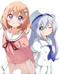  2girls blue_eyes blue_hair blue_neckerchief blush cardigan gochuumon_wa_usagi_desu_ka? hair_between_eyes hair_ornament haru_(konomi_150) hat highres hoto_cocoa kafuu_chino light_blue_hair long_hair long_sleeves multiple_girls neckerchief one_eye_closed orange_hair parted_lips pink_cardigan pleated_skirt puffy_short_sleeves puffy_sleeves short_hair short_sleeves simple_background skirt violet_eyes white_background white_headwear white_skirt x_hair_ornament 