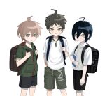  3boys :o aged_down ahoge alternate_costume backpack bag bag_charm black_bag black_hair black_shorts book breast_pocket brown_bag brown_eyes brown_hair brown_shorts charm_(object) closed_mouth collarbone collared_shirt danganronpa:_trigger_happy_havoc danganronpa_(series) danganronpa_2:_goodbye_despair danganronpa_v3:_killing_harmony frown green_hoodie green_shirt hair_between_eyes highres hinata_hajime holding holding_book hood hood_down hoodie light_brown_hair multiple_boys naegi_makoto nuns197 orca_pendant pocket saihara_shuichi shirt short_hair shorts teeth two-tone_shirt upper_teeth_only white_shirt 